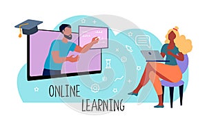 Professor teaching student online. Online learning. Inspired teacher at remote work. Vector illustration