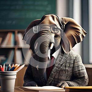 A professorial elephant in a tweed jacket and glasses, teaching in a classroom3 photo