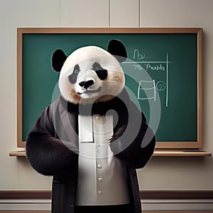 A professorial panda in academic attire, teaching in front of a small chalkboard2 photo