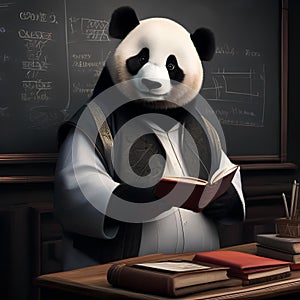 A professorial panda in academic attire, teaching in front of a small chalkboard1 photo