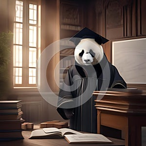 A professorial panda in academic attire, teaching in front of a small chalkboard5