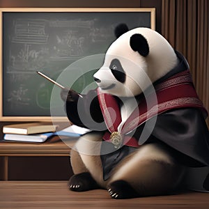 A professorial panda in academic robes, lecturing in front of a tiny chalkboard2