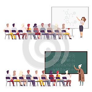 Professors Giving Task, Explaining Seminar, Lecture to Students Sitting in Classroom Set, University, College, High