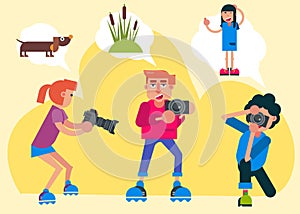 Proffecional photographer vector cartoon people holding camera to take a photography of sedge, posing girl and a dog