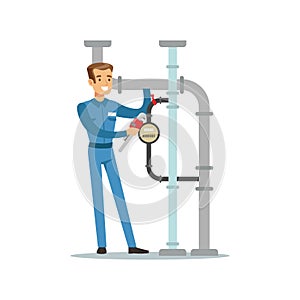 Proffesional plumber man character installing a water meter on a pipeline, plumbing work vector Illustration