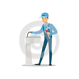 Proffesional plumber man character with monkey wrench repairing faucet tap, plumbing work vector Illustration