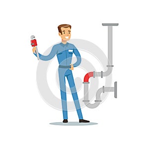 Proffesional plumber man character with monkey wrench repairing pipeline, plumbing work vector Illustration