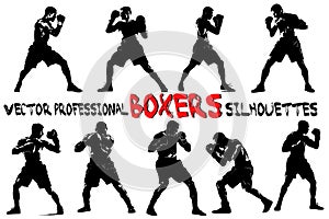 Proffesional training boxers silhouettes. Isolated box Fighters silhouettes on white background. Black and white vector design.