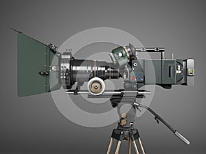 Proffesional video camera 3d render on grey gradient