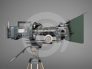 Proffesional video camera 3d render on grey gradient