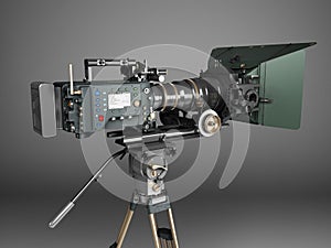 Proffesional video camera 3d render on grey gradient