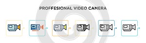 Proffesional video camera vector icon in 6 different modern styles. Black, two colored proffesional video camera icons designed in