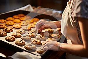 A proficient baker skillfully conveys a tray of warm, mouthwatering cookies