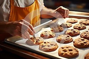 A proficient baker skillfully conveys a tray of warm, mouthwatering cookies