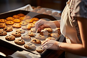 A proficient baker skillfully conveys a tray of warm, mouthwatering cookies photo