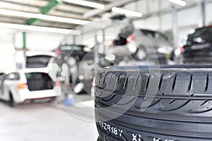 Profil of car tyre in the car repair workshop - closeup