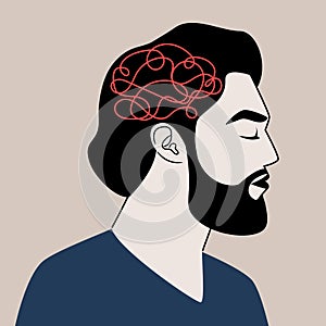 The profile of an adult man with confused thoughts. Upset man feels frustrated. Vector illustration of mental health