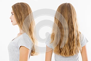 Profile back rear view of blonde caucasian girl with long shiny straight female hair  on white background. Beautiful