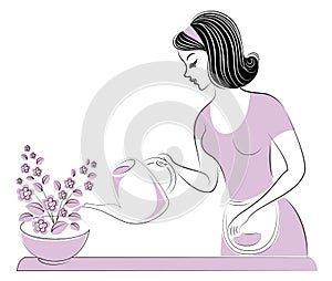 Profile of a beautiful girl. Lady cares about the colors of the room. A woman poured them water. Vector illustration
