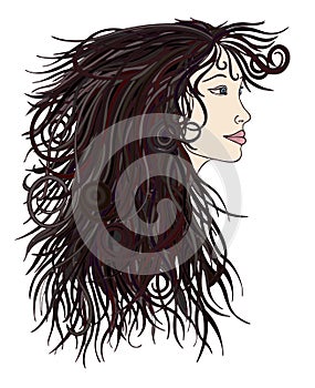 Profile of beautiful woman with waving hair.Graphic style.