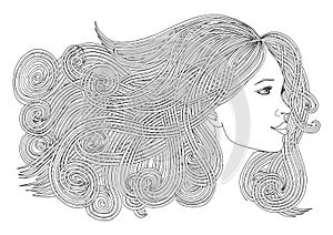 Profile of beautiful woman with waving hair.Graphic style