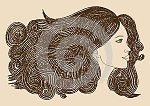 Profile of beautiful woman with waving hair.Graphic style