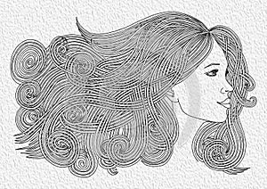 Profile of beautiful woman with waving hair.Graphic style