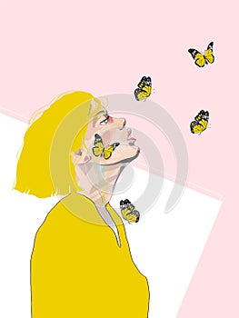 Profile of beautiful young woman with butterfly yellow haired girl with yellow butterflies hand drawn illustration. Fashion