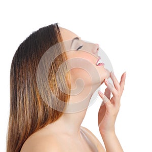 Profile of a beauty woman face skin and hand manicure