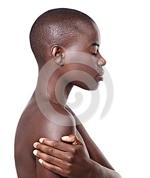 Profile of black woman, natural or skincare with beauty, cosmetics or healthy shine in studio. Side view, bald head or