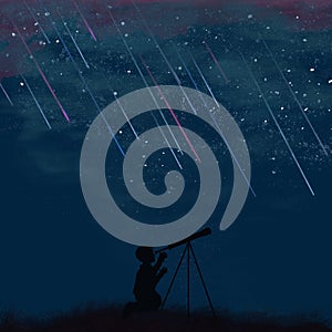 Profile of a boy looking at a telescope at night