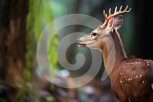 profile of a bushbuck standing by vibrant ferns