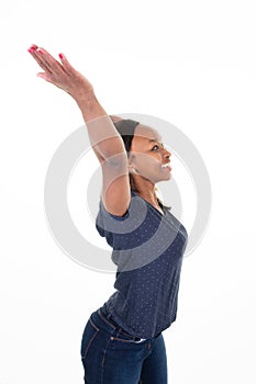 Profile cheerful young black woman with arms raised up