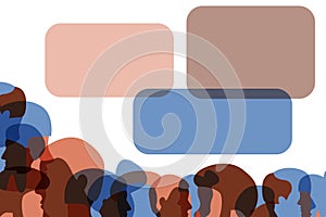 Profile color silhouettes of people crowd and text blocks space banner, male and female face heads silhouettes concept banner.