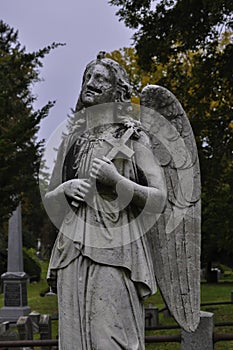 Profile of a Damaged Angel Statue in a Cemetery