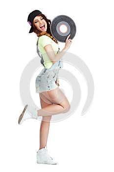 Profile of Elated Jubilant Woman with Vinyl Record Isolated on White Background photo