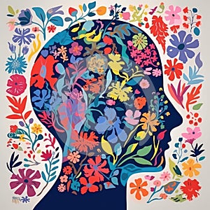 The profile of face of abstract man with floral ornament ia metaphor for mental health