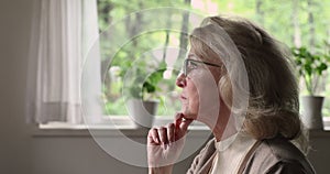 Profile face view elderly pensive woman thinking looking into distance