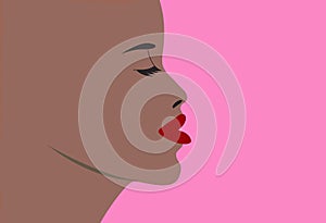 Profile face of a young pretty african american woman with closed eyes, half open mouth and red lips