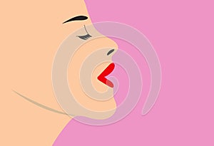 Profile face of a young pretty woman with closed eyes, half open mouth and red lips