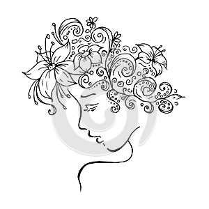 Profile of a girl with flowers in her hair. a wreath of lilies and daisies on the head. vector line art drawing