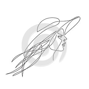 Profile of a girl in a hat. Female face drawn in one line. Continuous line.