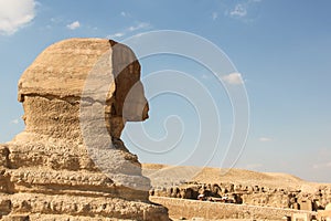 Profile the great Sphinx at the Giza pyramids complex, architectural monument in Egypt