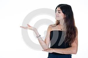 Profile happy smiling woman showing blank copy space isolated in copyspace white background