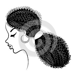 Profile of the head of a sweet lady. An African American girl shows her hairstyle on medium and short hair. Silhouette, beautiful