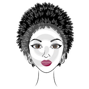 Profile of the head of a sweet lady. An African American girl shows her hairstyle on medium and short hair. Silhouette, beautiful
