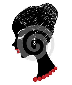 Profile of the head of a sweet lady. An African American girl shows her hairstyle on medium and short hair. Silhouette, beautiful