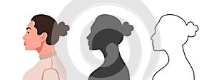 Profile of the head. Woman`s face from the side. Silhouettes of people in three different styles. Face profile. Vector