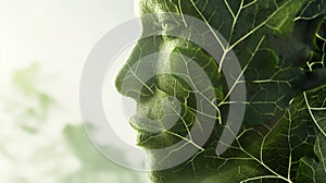 A profile of a human face composed of green leaf veins symbolizing a connection with nature