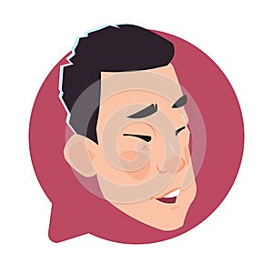 Profile Icon Asian Male Head In Chat Bubble Isolated, Young Man Avatar Cartoon Character Portrait